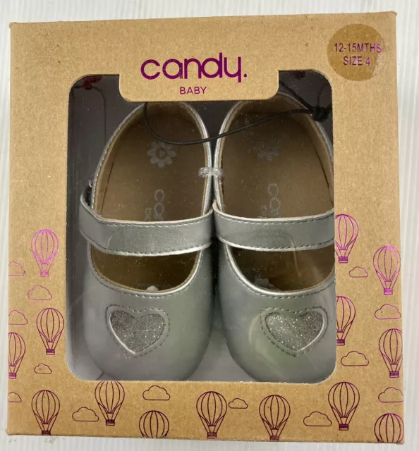 Candy Baby Shoes Silver Heart Sparkles Size 4 (12 - 15 Mths)