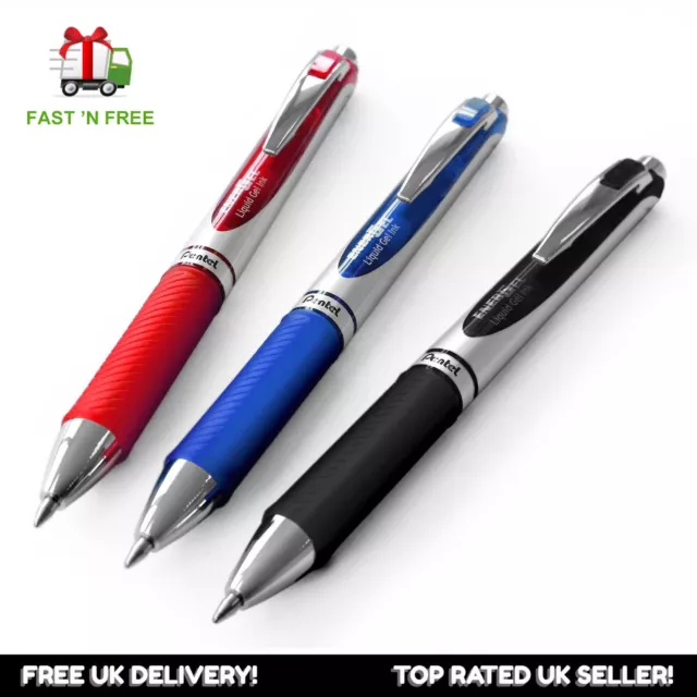 3 x Pentel BL77 Retractable Gel Rollerball Pens - 0.7mm Tip - Black Blue and Red