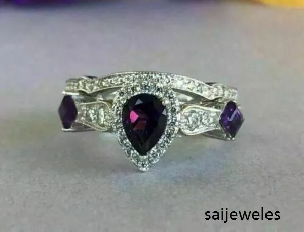 2CT Pear Shape Lab created Amethyst Bridal Set Wedding Ring 14K White Gold Over