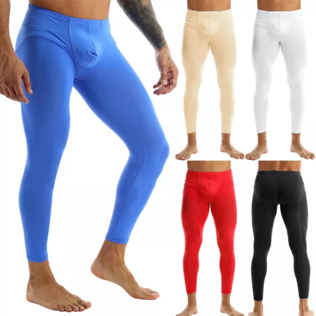 Men's Silky Long Johns Pants Bulge Pouch Underwear Sports Yoga Gym Long Trousers