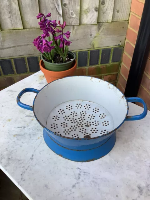 Vintage French European Enamel Footed Colander/ Sieve. Possible Planter