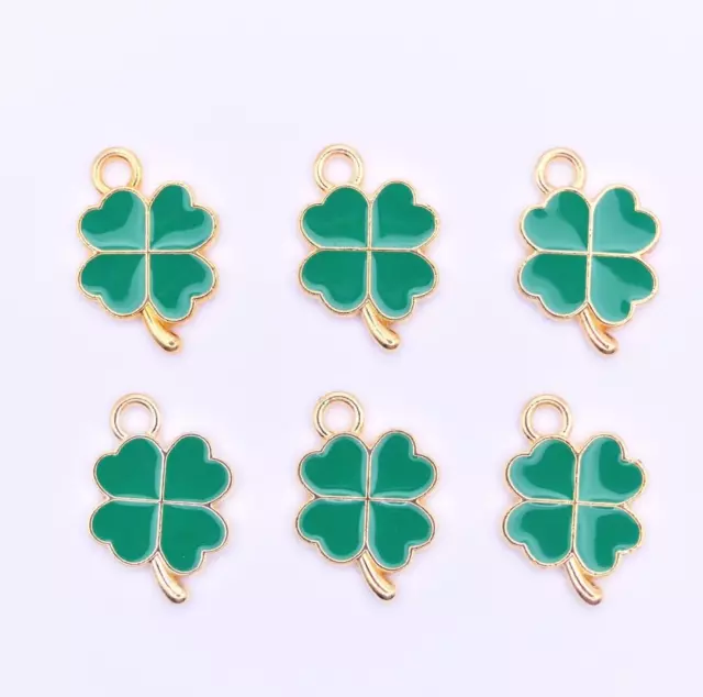 6 Green Enamel Four Leaf Clover Charms Jewellery Making Lucky Four Leaf Clover