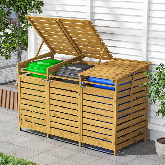 WOODEN WHEELIE BIN Store Recycle Box Outdoor Garden Dustbin Waste