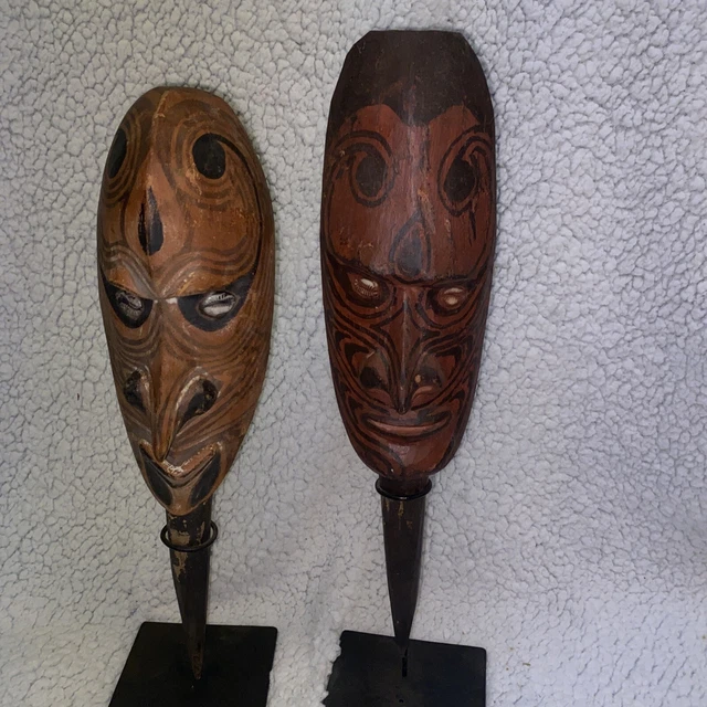 Pair African Wood Hand Carved Masks Antique? About 14-16”x3-4” Tribal Decor