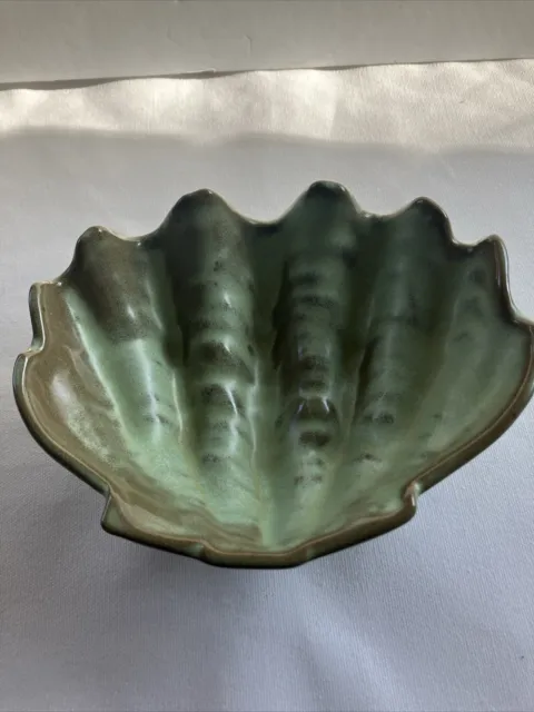 Frankoma Pottery Prairie Green and Brown Clamshell Serving Bowl T10 Vintage