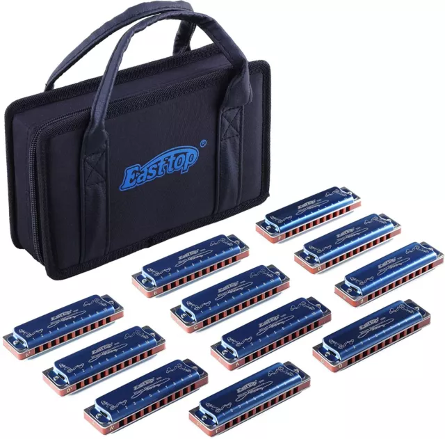 Easttop Blues Diatonic Harmonica Set of 12 10Holes 20Tones Harp Mouth Organ Set