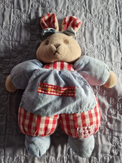 Doudou Peluche Tartine et Chocolat Lapin Beige Bleu Vichy Rouge 30 cm