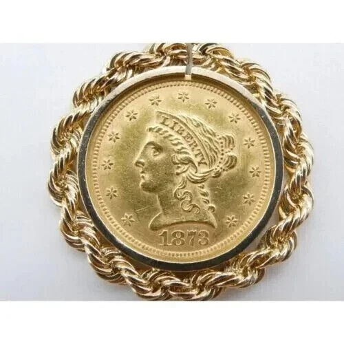 Liberty Head Quarter Eagle Coin Rope Bezel Pendant 14k Yellow Gold Plated Silver