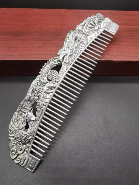 Exquisite Old Chinese tibet silver handcarved Dragon Phoenix comb statue 9123