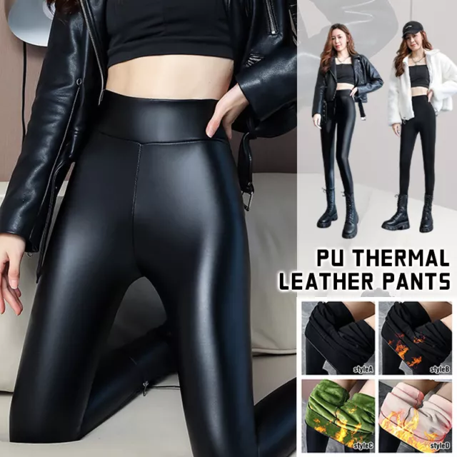 Women Winter Warm Sexy Wet Look PU Leather Stretch Fleece Pants Trousers Legging