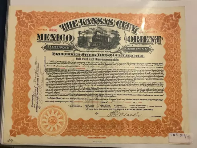 kansas city mexico orient railway 1907 stock certificate bond - USA