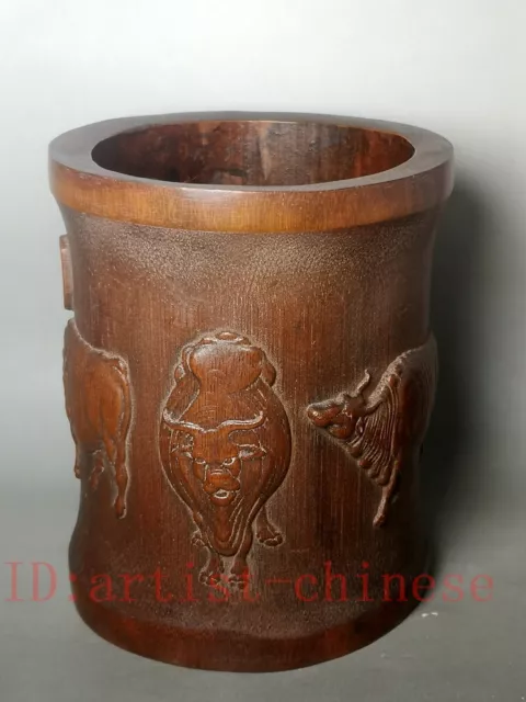 6.2”Old Antique Chinese Bamboo Carved Five bull ox QNDW brush pot Table ornament 3