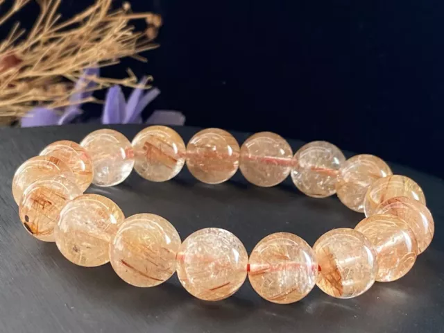 12MM  Natural Hair Rutilated Quartz Crystal Round Beads Bracelet AAA 12495