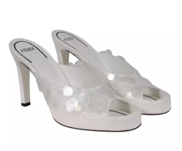 Fendi Womens Sequin Python Heels Size US 9.5 EU 39.5 White Leather Ruffle