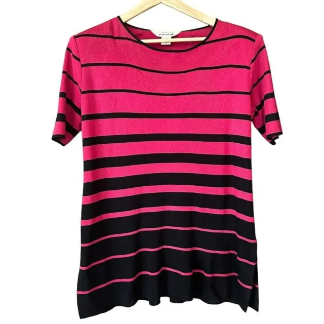 Exclusively Misook Black Pink Stripe Strong Shoulder Tunic Top Blouse Womens M