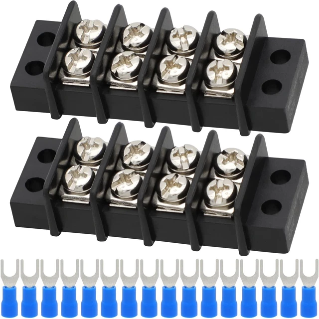 Terminal Block, 2 Pack 4 Circuits Screw Terminals +16 Heat Shrink Connectors