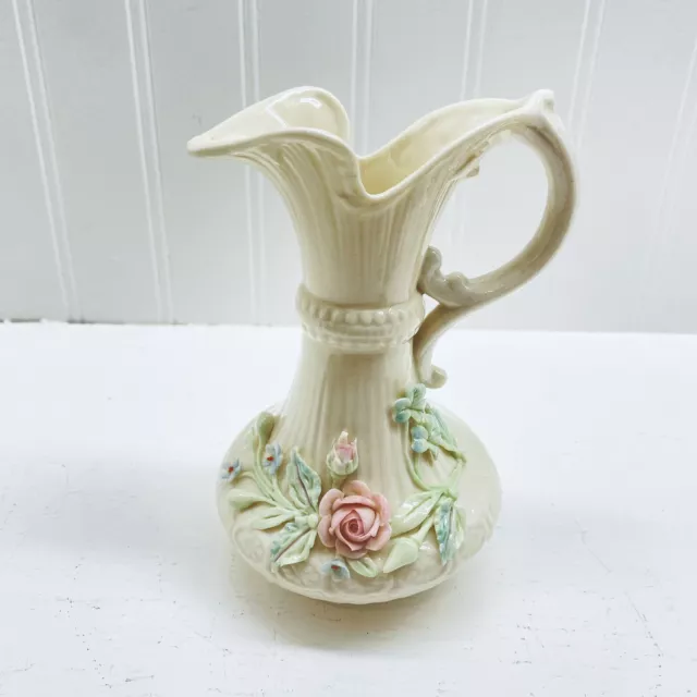 VINTAGE Porcelain Vase Pitcher Belleek Pottery Aberdeen Raised Floral Ireland