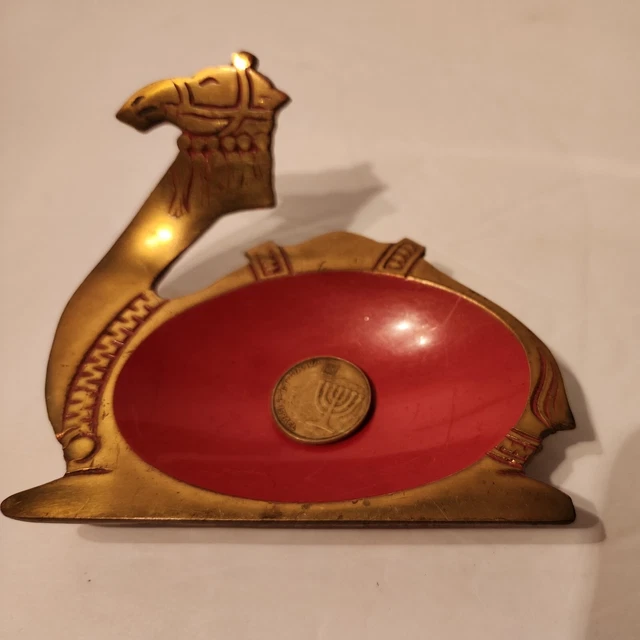 Made Israel Hakuli Brass Camel Enamel Coin Dish 4.25" Burnt Red Desert Color