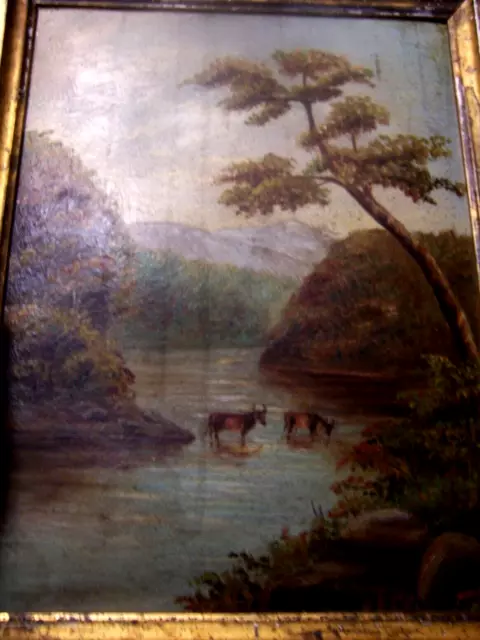 exceptional 19th century landscape of cows in water on board signed & org. frame