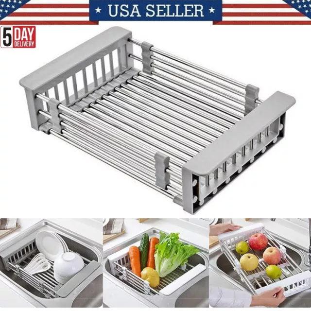 Adjustable Stainless Steel Kitchen Dish Drying Sink Rack Drain Strainer Basket