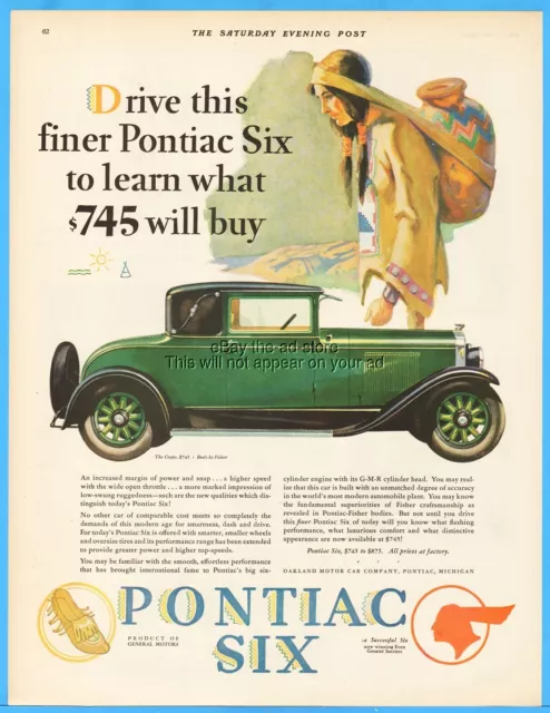 1928 Native American Indian Women Art Pontiac Six Coupe Ad Oakland Motor Car GM