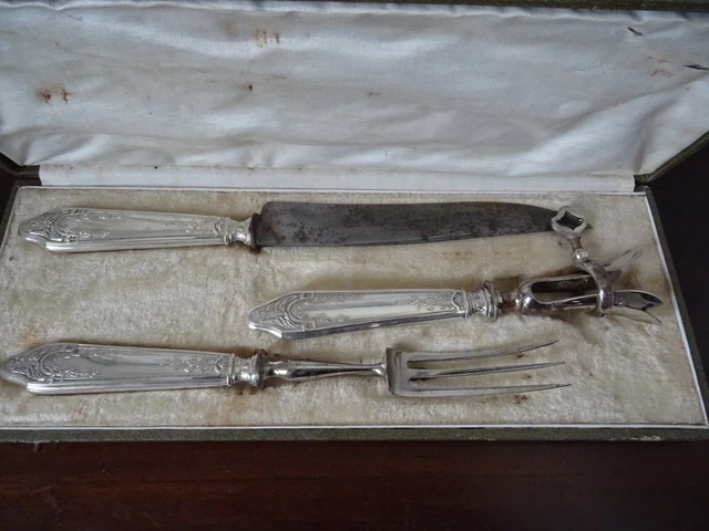 Service à gigot 3 pièces ancien manches argent fourré poinçon Service à gigot 3 pièces ancien manches argent fourré poinçon