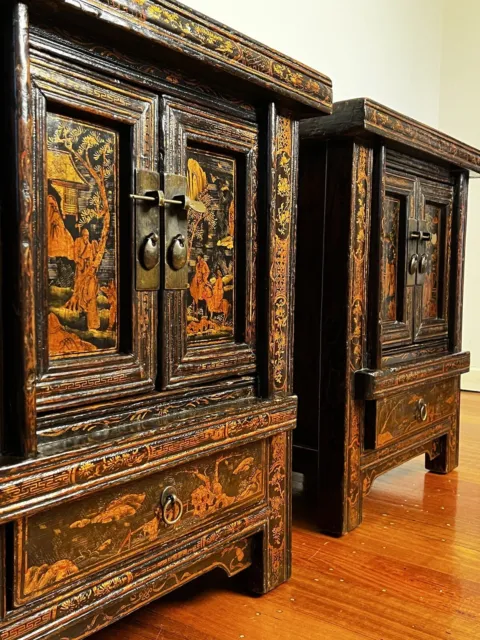Antique Pair Of Cabinets/Chinese Asian Oriental Bedside Tables/ Storage Chests