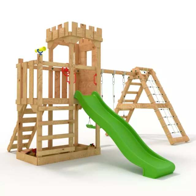 BIBEX® Spielturm Ritterburg M - Kletterturm, 2x Schaukel+Knotennetz,Rutsche Grun