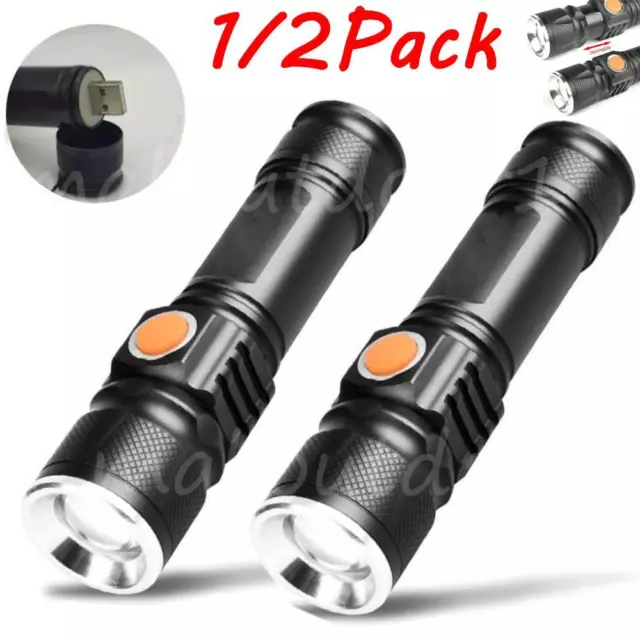 1/2Pack LED Tactical Flashlight Super Bright Torch Zoom w/ Rechargeable Battery