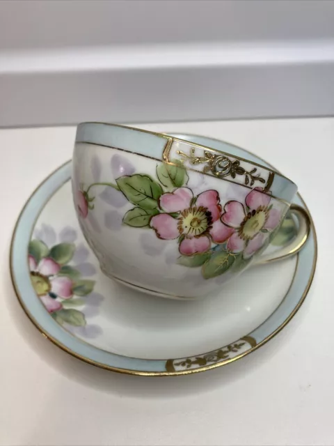 Vintage Nippon Hand Painted Teacup and Saucer Pink Rose