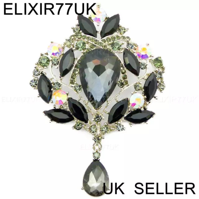 New Silver Large Flower Brooch Black Crystal Diamante Bridal Wedding Vintage Pin