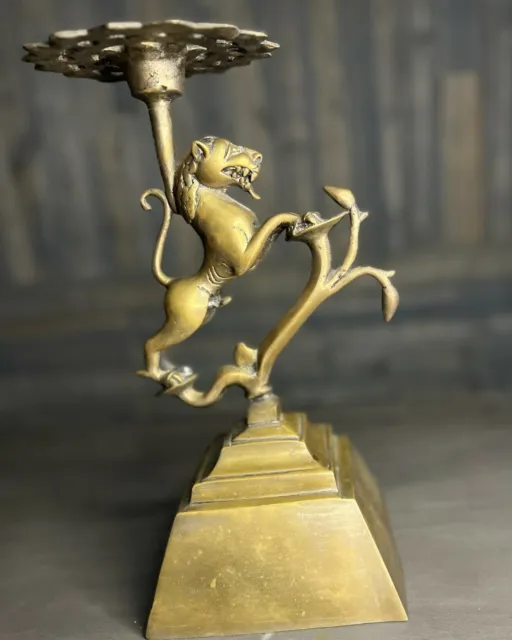 Antique Brass Lion Sculpture Pillar Candle Holder