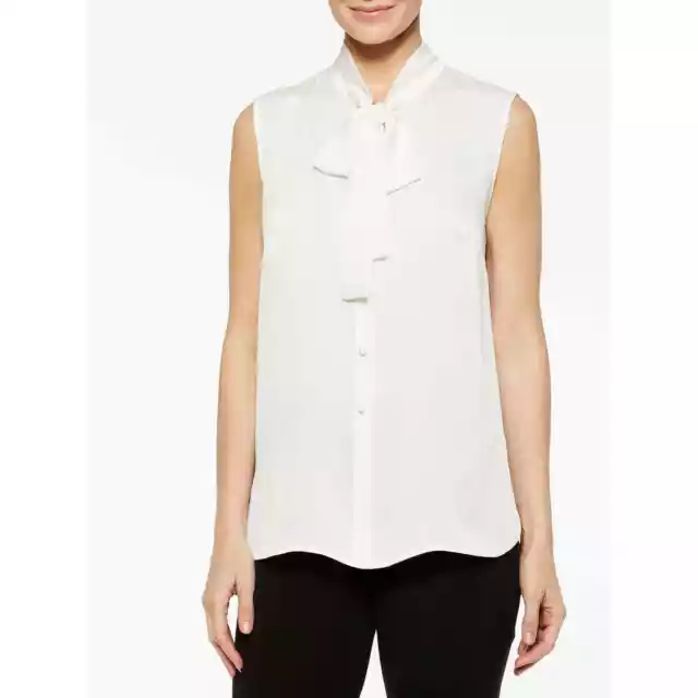 Misook White Tie Neck Button Front Sleeveless Crepe de Chine Blouse Size L