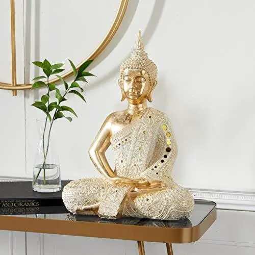 Polystone Buddha Meditating Carved Sculpture With Intricate Carvings And Mirrore