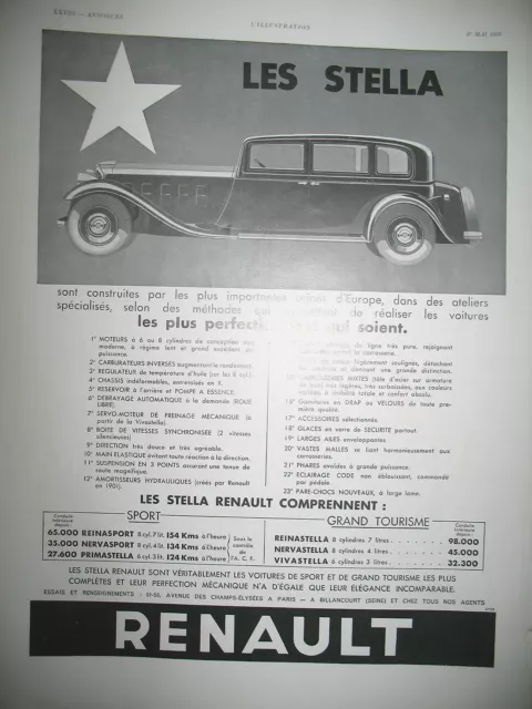 PUBLICITE DE PRESSE RENAULT LES STELLA LES PLUS PERFECTIONNéEs FRENCH AD 1933