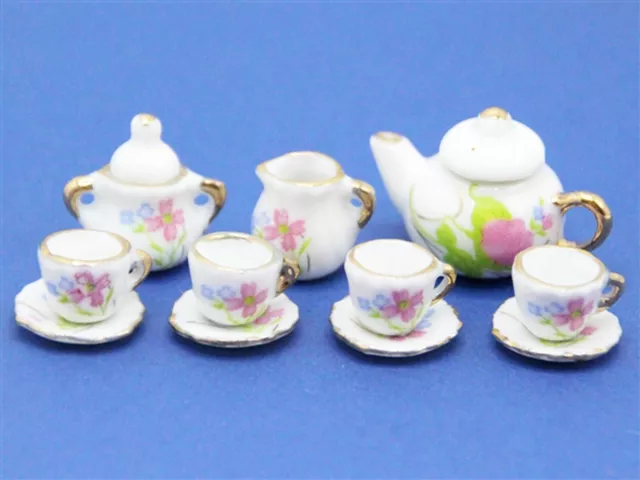 11 Piece Ceramic White & Pink Floral Tea Set Tumdee 1:12 Scale Dolls House RO7