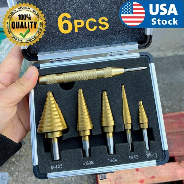 HSS 6PCS Titanium Step Drill Bit Set W Automatic Center Punch High Speed Steel