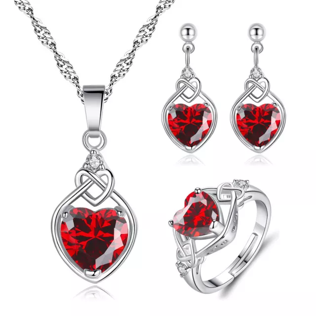 Red Crystal Heart 925 Sterling Silver Pendant Necklace Earrings Rings Women Sets