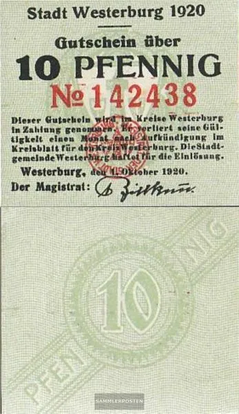 Westerburg Notgeld: 10 Pf Notgeld der Stadt Westerburg bankfrisch 1920 10 Pfenni