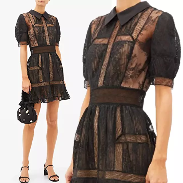 self-portrait Point-Collar Lace-Paneled Mini Dress MRSP $440 NWT
