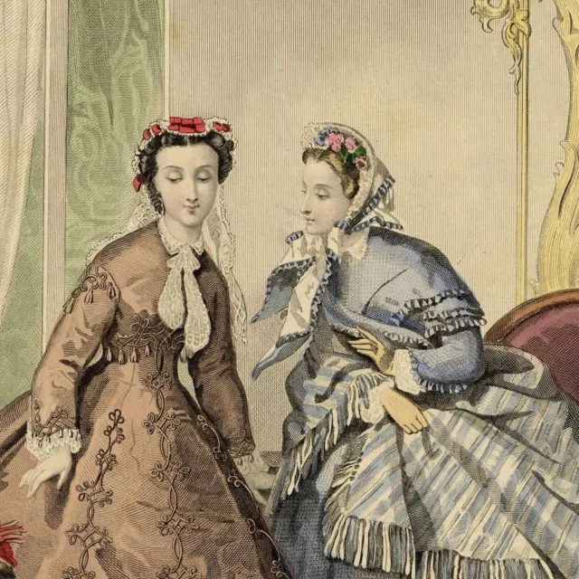 La mode illustrée Toilettes de ville Salon - Gravure Aquarelle originale 1864