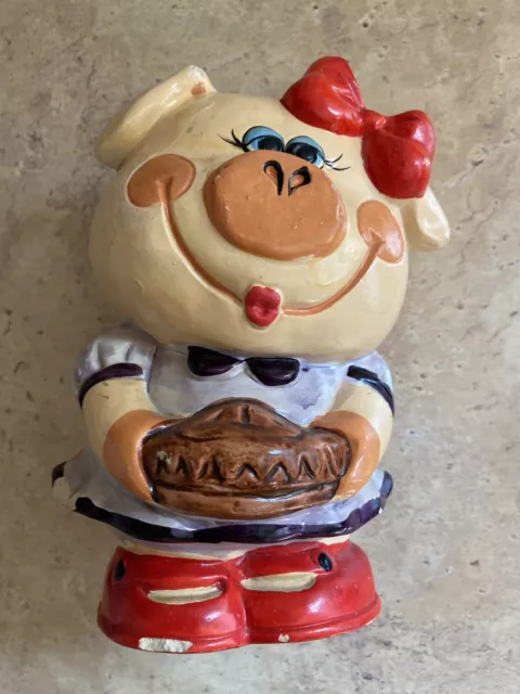 Cute Vintage Enesco Ceramic Piggy Bank Taiwan Girl Pig Red Bow Baking Pie
