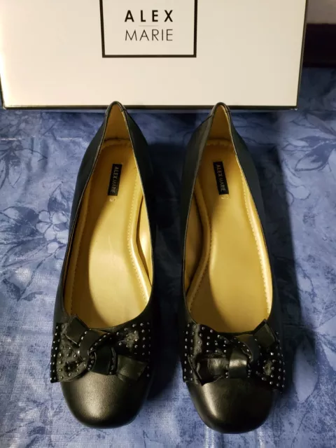 Alex Marie Ladies Ballet Flats Black Leather Ballerina Bow studded Shoes size 9