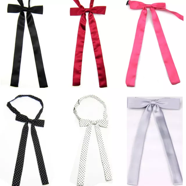 Women Wedding Banquet Long Satin Bow Tie Solid Polka Dot Adjustable Necktie