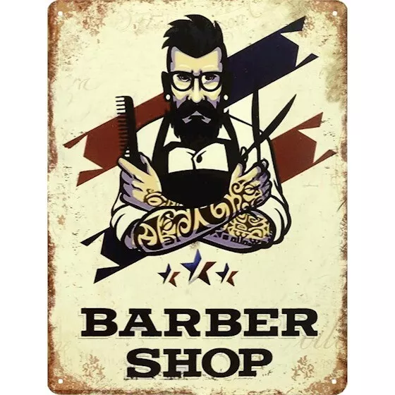 9973932-x Retrò Vintage Targa di Latta Barber Negozio Barbiere 33x25cm