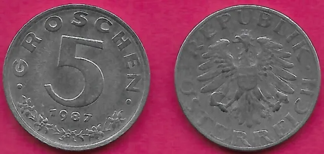Austria 5 Groschen 1987 Vf Imperial Eagle With Austrian Shield On Breast,Ho