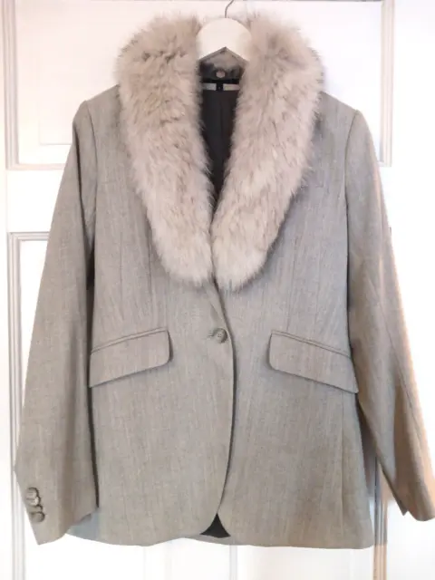 Theory Herringbone Ice Blue Gray Wool Blazer with Fur Trim, Size 4