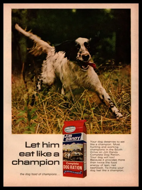 1968 Jim Dandy Complete Dog Ration Food English Setter Hunting Dog Print Ad
