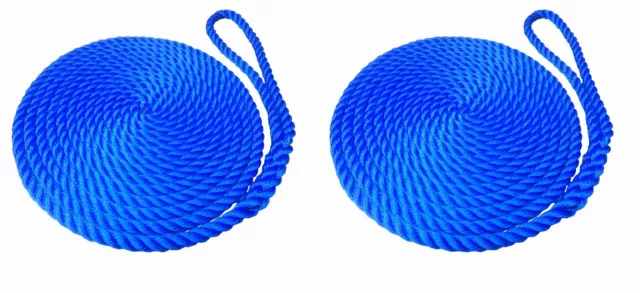 2 x 10 MTS OF 12MM ROYAL BLUE SOFTLINE MOORING ROPES / WARPS / LINES BOATS