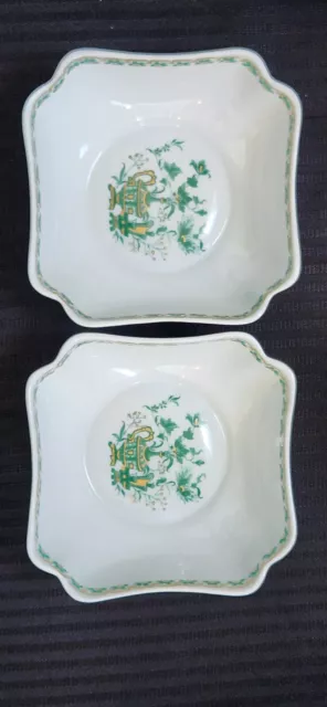 2 pcs - Vintage Limoges France Square Trinket Bowl GREEN VASE DESIGN Fluted Rim